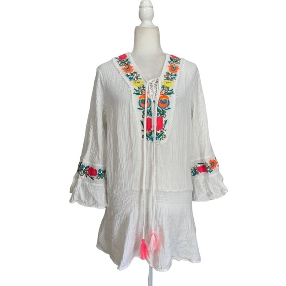 Embroidered Boho Tassel Tunic Dress Top Lace up Detailing - Picture 1 of 10